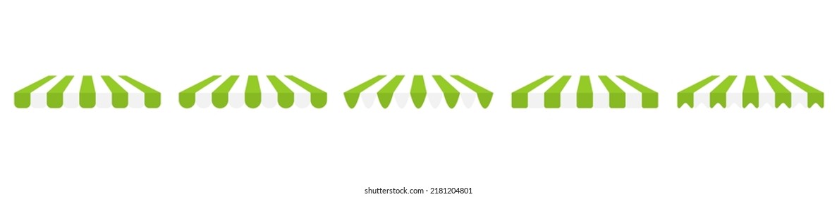 Shop stripe roof for market set. Grren canopy awning collection for shop. Street marketplace tent. Vector isolated on white.