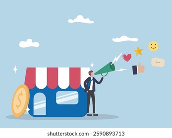 Shop success from review rate heart like smile and star. Concept of Business advertising, social media engagement, success investment, profits income increase from technology flat vector illustration.