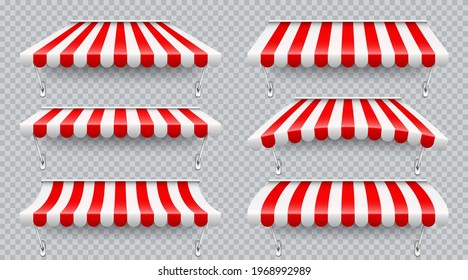 Shop sunshade with metal mount. Realistic red striped cafe awning. Outdoor market tent. Roof canopy. Summer street store. Vector illustration.