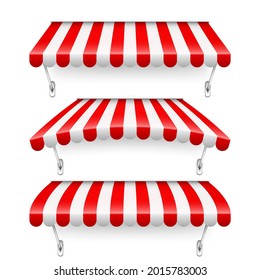 Shop sunshade with metal mount. Realistic red striped cafe awning. Outdoor market tent. Roof canopy. Summer street store. Vector illustration.