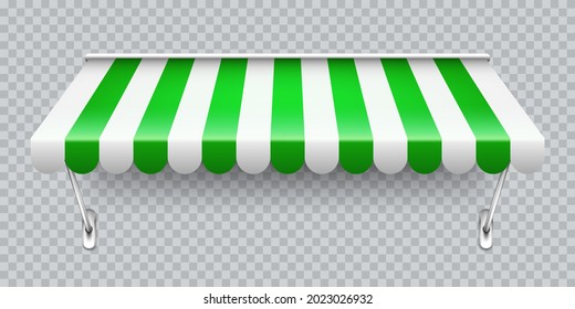 Shop sunshade with metal mount. Realistic green striped cafe awning. Outdoor market tent. Roof canopy. Summer street store. Vector illustration.