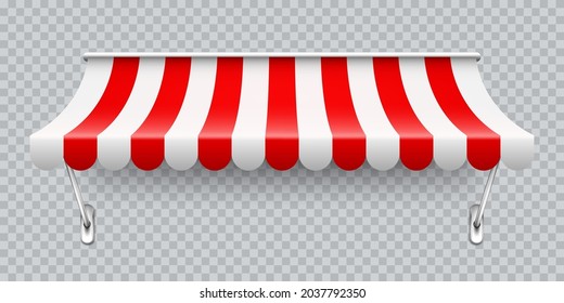 Shop sunshade with metal mount. Realistic red striped cafe awning. Outdoor market tent. Roof canopy. Summer street store. Vector illustration.