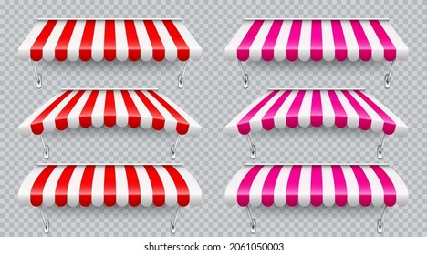 Shop sunshade with metal mount. Realistic red striped cafe awning. Outdoor market tent. Roof canopy. Summer street store. Vector illustration.