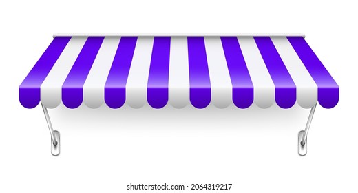 Shop sunshade with metal mount. Realistic violet striped cafe awning. Outdoor market tent. Roof canopy. Summer street store. Vector illustration.