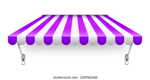 Shop sunshade with metal mount. Realistic purple striped cafe awning. Outdoor market tent. Roof canopy. Summer street store. Vector illustration.