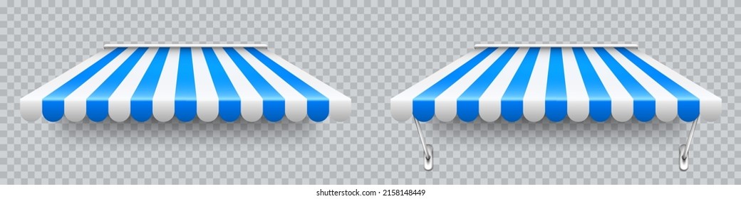 Shop sunshade with metal mount. Realistic blue striped cafe awnings. Outdoor market tent. Roof canopy. Summer street store. Vector illustration.