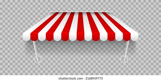 Shop sunshade with metal mount. Realistic red striped cafe or shop. Outdoor market tent. Realistic style. Roof canopy. Summer street store. Vector illustration.