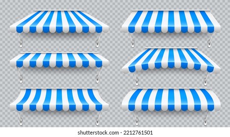 Shop sunshade with metal mount. Realistic blue striped cafe awning. Outdoor market tent. Roof canopy. Summer street store. Vector illustration.