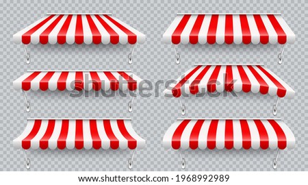 Shop sunshade with metal mount. Realistic red striped cafe awning. Outdoor market tent. Roof canopy. Summer street store. Vector illustration.