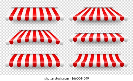 Shop sunshade. Realistic striped cafe awning. Outdoor market tent. Roof canopy. Summer street store. Vector illustration.