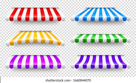 Shop sunshade. Realistic striped cafe awning. Outdoor market tent. Roof canopy. Summer street store. Vector illustration.