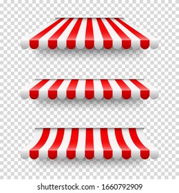 Shop sunshade. Realistic striped cafe awning. Outdoor market tent. Roof canopy. Summer street store. Vector illustration.