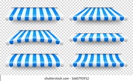 Shop sunshade. Realistic striped cafe awning. Outdoor market tent. Roof canopy. Summer street store. Vector illustration.