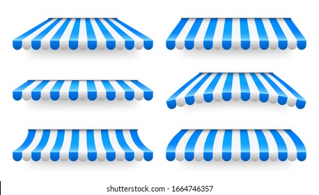 Shop sunshade. Realistic striped cafe awning. Outdoor market tent. Roof canopy. Summer street store. Vector illustration.