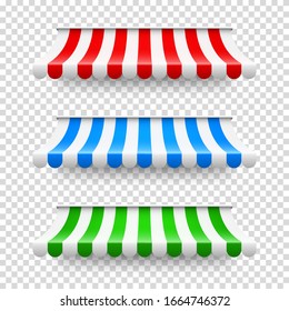 Shop sunshade. Realistic striped cafe awning. Outdoor market tent. Roof canopy. Summer street store. Vector illustration.