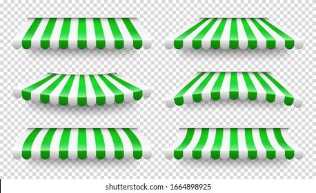 Shop sunshade. Realistic striped cafe awning. Outdoor market tent. Roof canopy. Summer street store. Vector illustration.