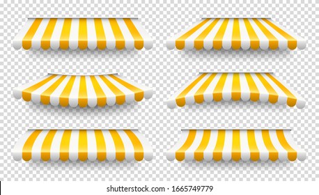 Shop sunshade. Realistic striped cafe awning. Outdoor market tent. Roof canopy. Summer street store. Vector illustration.