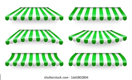 Shop sunshade. Realistic striped cafe awning. Outdoor market tent. Roof canopy. Summer street store. Vector illustration.