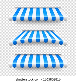 Shop sunshade. Realistic striped cafe awning. Outdoor market tent. Roof canopy. Summer street store. Vector illustration.