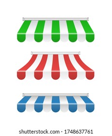 Shop sunshade. Realistic striped cafe awning. Outdoor market tent. Roof canopy. Summer street store. Vector illustration.