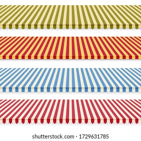 Shop sunshades set. Store awning tents. Outdoor striped market canopy