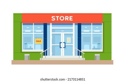 Shop And Supermarket Building. Exterior. Flat Vector Illustration Isolated On White Background