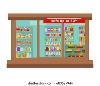 Shop or supermarket grocery store shop-window vector flat design