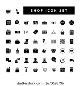 Shop supermarket icon set with black color glyph style design.