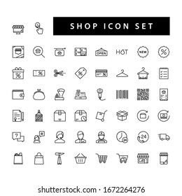 Shop supermarket icon set with black color outline style design.