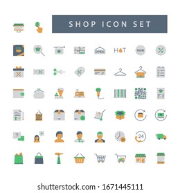 Shop supermarket icon set with colorful modern Flat style design.