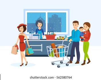 Shop, supermarket interior, healthy eating, shopping in a store. Striking girl with food packages and a young family, go around the store in order to purchase goods. Pass cashier and seller.
