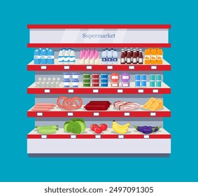 Shop, supermarket interior shelf with fruits, vegetables, milk, eggs drinks, preserves Healthy food