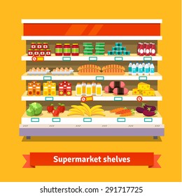 Shop, Supermarket Interior Shelf With Fruits, Vegetables, Milk, Eggs Drinks, Preserves. Healthy Food. Flat Isolated Vector Illustration On White Background.