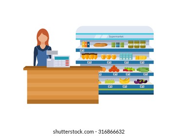 Shop, supermarket interior shelf with fruits, vegetables, milk, honey, drinks, preserves. Healthy eating and eco food. Flat isolated vector illustration