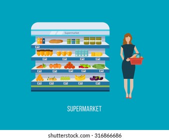Shop, supermarket interior shelf with fruits, vegetables, milk, honey, drinks, preserves. Healthy eating and eco food. Flat isolated vector illustration