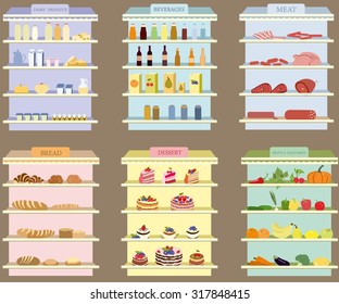 Shop, supermarket interior shelf with meat, dairy products, desserts, bread, fruit, vegetables, Drinks, food assortment illustration concept. Isolated vector illustration.