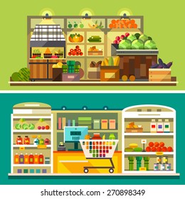 Shop, supermarket interior: showcases, fruits, vegetables, drinks, sweets, cash, shopping basket. Healthy eating and eco food. Vector flat illustrations