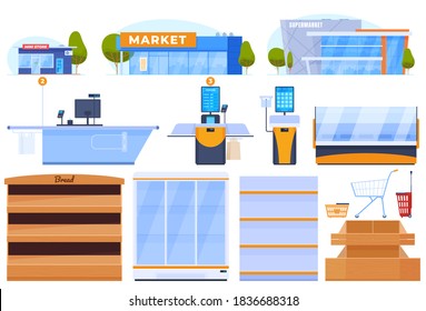 Shop, supermarket, mini market. Cash register, self-service checkout, supermarket scales, shelves, racks, refrigerator, vector isolated items.