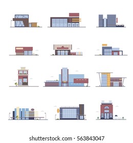 Shop, supermarket, shopping center, store  buildings set in flat style. Colorful vector  illustration. 
