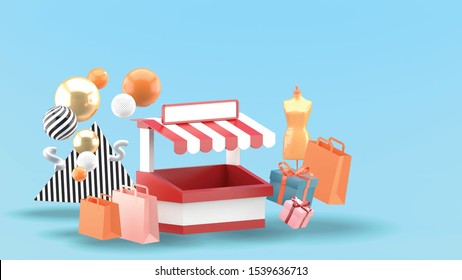 The shop is surrounded by shopping bags, gift boxes and puppets on the blue background.
