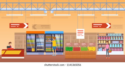 Shop, with surrounding interior, counters with food, refrigerators with drinks, stands with fruits, vegetables. Buyers, cashier near counter. Supermarket, shopping center, store. Vector illustration.