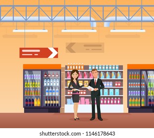 Shop, with surrounding interior, food, drinks, stands with fruits, vegetables. Man and woman, record an assortment, check quality of goods. Supermarket, shopping center store vector illustration