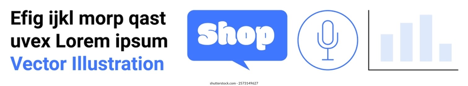 Shop symbol with microphone and bar graph icons suggests online shopping, e-commerce, digital marketing, web design, and audio content. Text with Lorem Ipsum. Banner for landing page