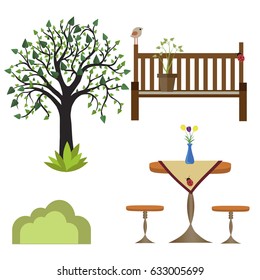 shop, table, chairs, wood on white background
