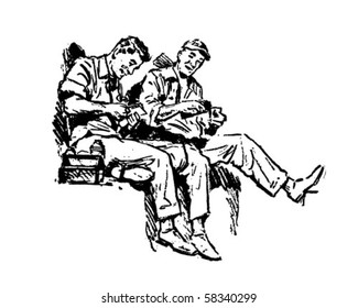 Shop Talk - Workers On Lunch Break - Retro Clip Art