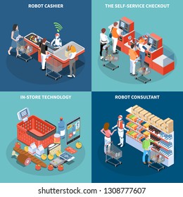 Shop technology 2x2 design concept with robot consultant robot cashier self service checkout square icons isometric vector illustration