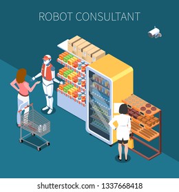 Shop technology isometric background with buyers and robot consultant in store of future interior vector illustration