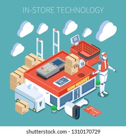 Shop technology supermarket of future colored composition with  surveillance system flying inventory scanner robot consultant isometric icons vector illustration