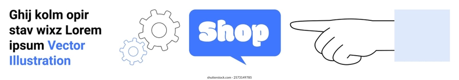 Shop text inside a blue speech bubble with gear icons and a pointing hand. Ideal for shopping websites, online stores, e-commerce platforms, digital marketing, and web design. Banner for landing page