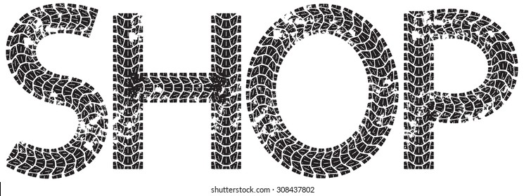Shop text with the letters made from motorcycle tire tracks, isolated on white